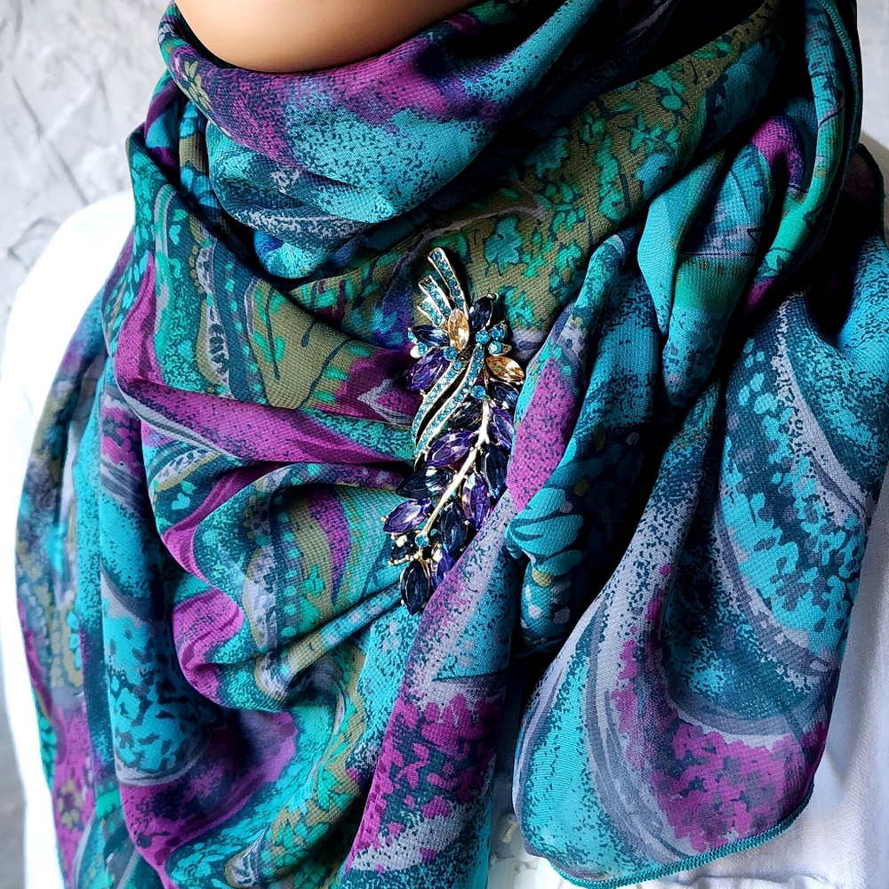 Designer Blue Purple Violet Scarf Silk/Viscose Bow Jabot Paisley Big Brooch - Picture 8 of 17